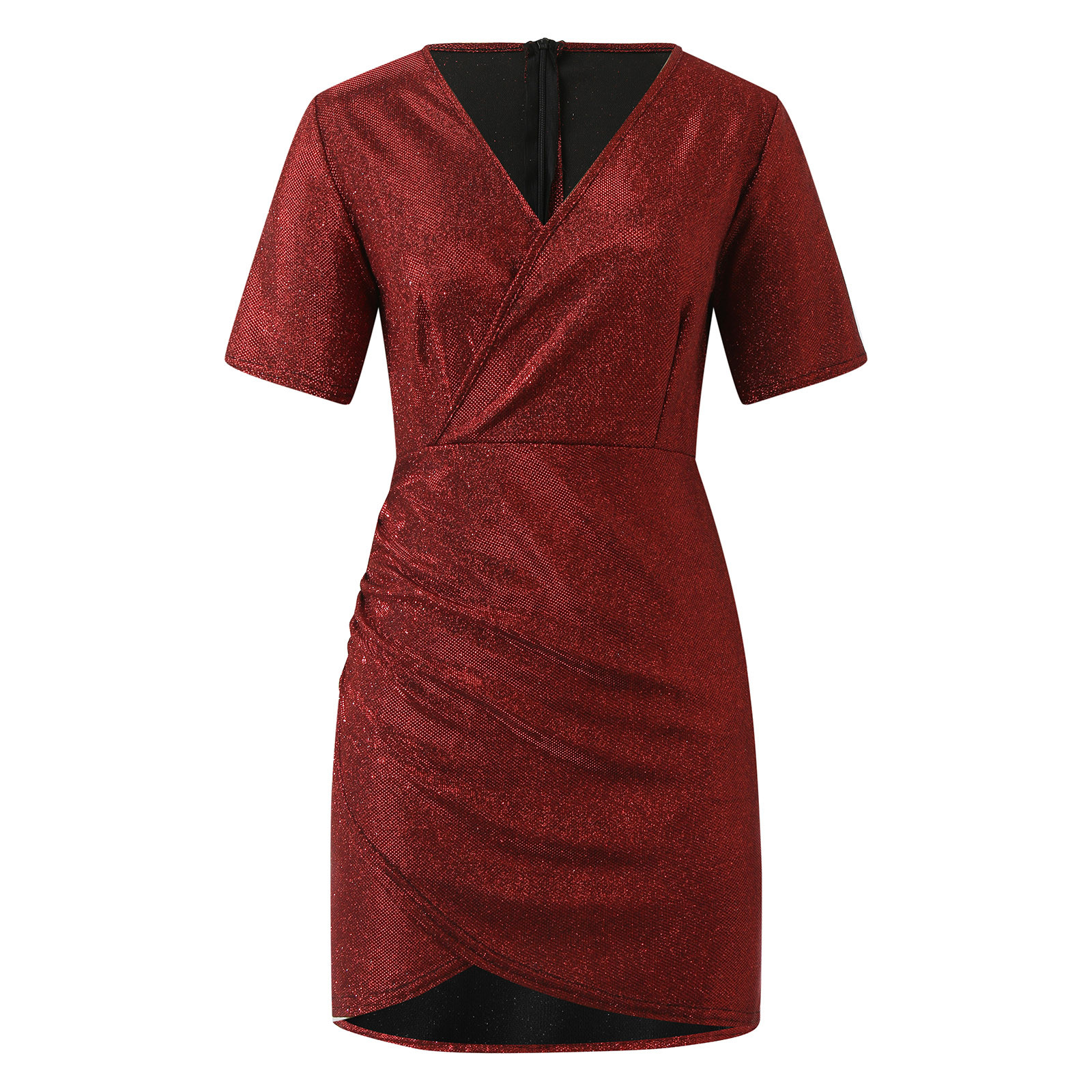 thumbnail image 4 of Vestido sexy de lentejuelas con cuello en V y manga corta para mujer - Color liso, corte ajustado, poliéster - Elegante vestido de fiesta para veladas, bodas y salidas nocturnas, 4 of 5